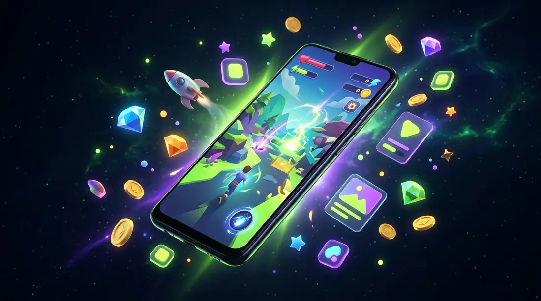 An Android phone running a colorful mobile game, surrounded by floating gems, coins and app icons